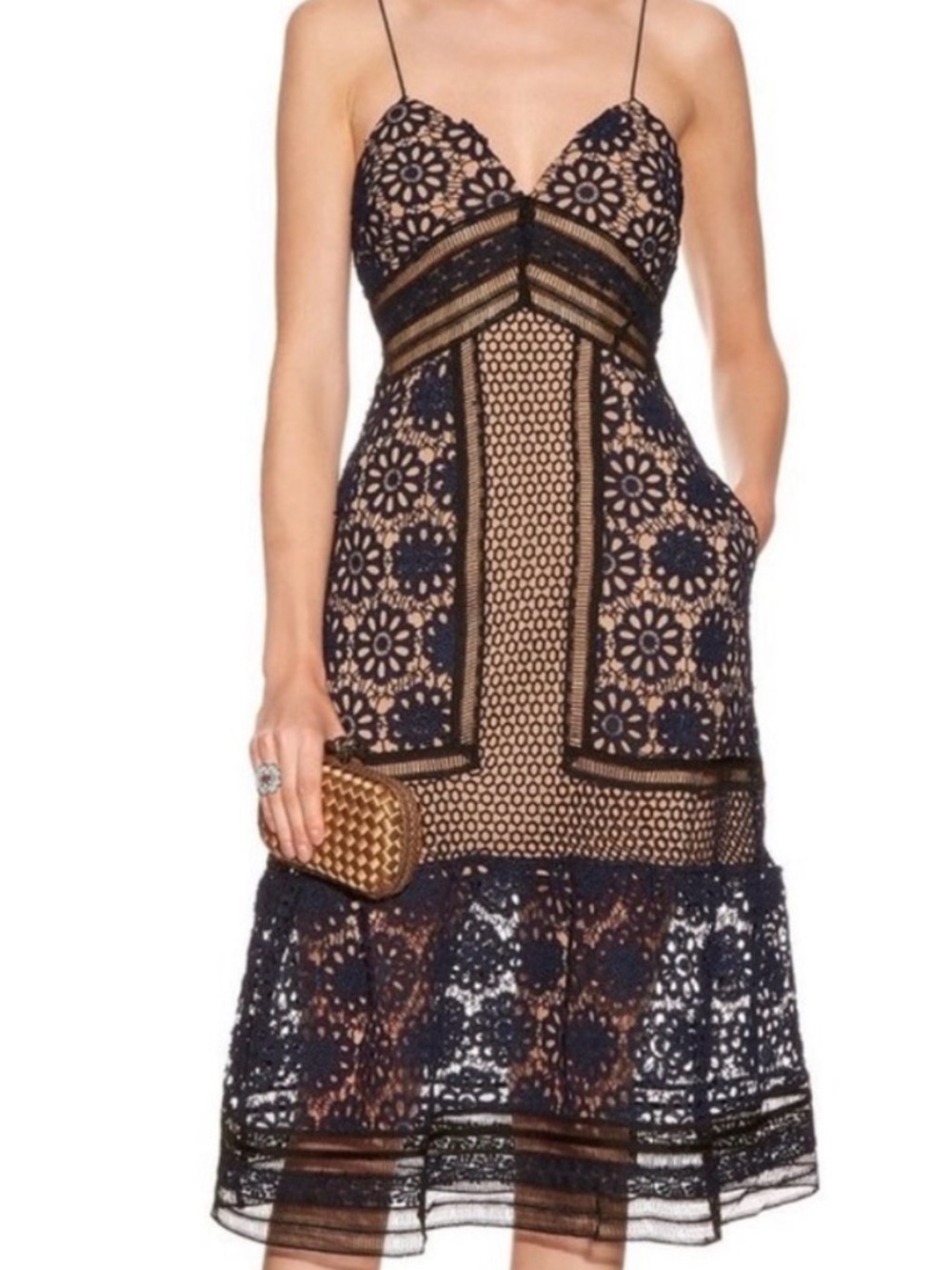 Navy Lace Strapless Floral-Inset Dress - Made in Korean